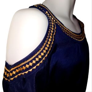 Women's the clothing company. Blue cold shoulder dress. Beaded neckline. Large